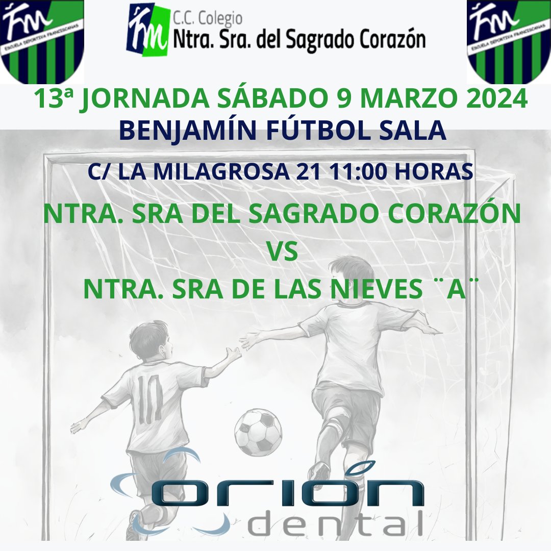 Próximo encuentro para nuestro equipo Benjamín fútbol sala en la competición <a href="/DeportesECM/">DeportesECM</a>. Ojalá el tiempo nos dé una tregua para el sábado ñ y podamos disfrutar de nuestro deporte favorito y demostrar lo que seguimos aprendiendo en los entrenamientos.Vamos Franciscanas!!!!