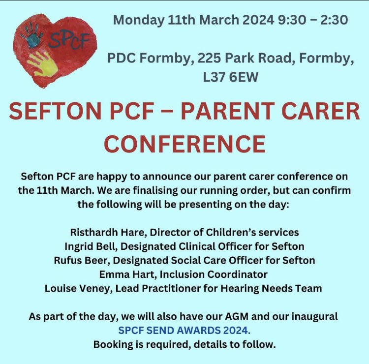 @JennyGr02 can you retweet please. Our Parent Carer Conference is being held next week, places can be booked via the link below (booking essential) Many thanks - SPCF seftonpcf.org/Site/Event/Eve…