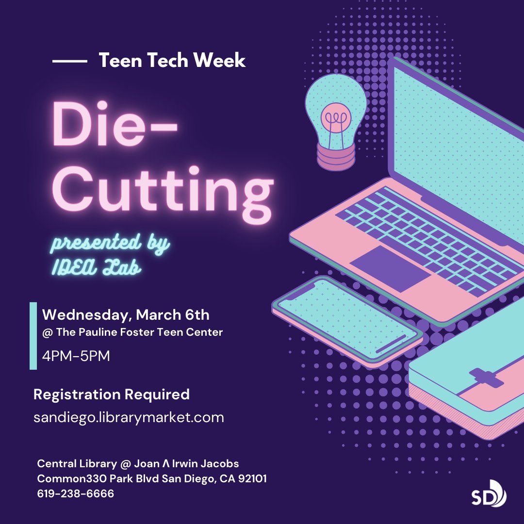 SDPublicLibrary's tweet image. It&apos;s #teentechweek &amp;amp; we&apos;ve got a Central Library #IDEAlab x Teen Center 3-part series crossover. Middle + High School students are invited to use AI as a tool with Chat GPT, try their hand out at die cutting with our Silhouette products &amp;amp; try coding! sandiego.librarymarket.com/?keywords=%22t…