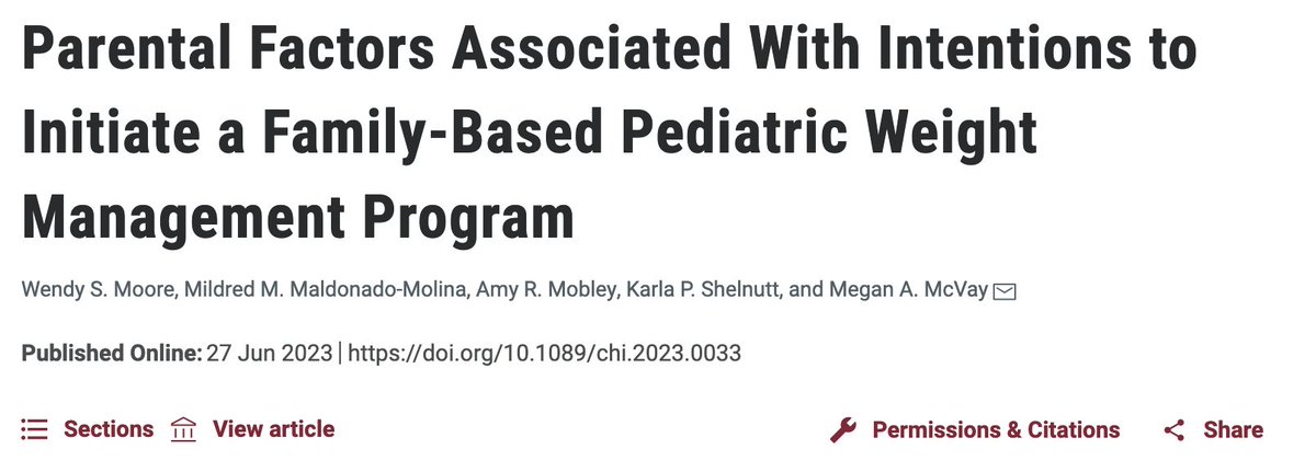 Parental Factors Associated With Intentions to Initiate a Family-Based Pediatric Weight Management Program, published in @ChildObesity_jn Link to pub: liebertpub.com/doi/10.1089/ch…