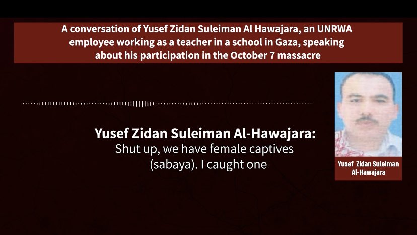 Über 450 UNRWA Mitarbeiter waren auf der Gehaltsliste der Terrororganisationen in #Gaza. Heute hat 🇮🇱 abgefangene Gespräche von UNRWA Lehrern veröffentlicht, in denen sie prahlen, wie sie am 7.10. Frauen entführt haben. Wer weiterhin an UNRWA festhält, macht sich zum Mittäter.