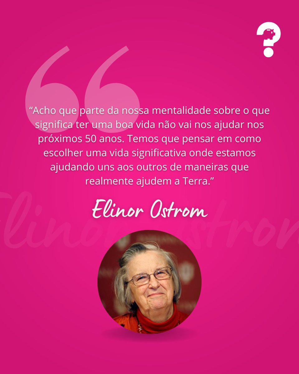 porque_com_br's tweet photo. Na semana em que se comemora o Dia Internacional da Mulher, compartilhamos uma frase de Elinor Ostrom, primeira mulher a ganhar o Prêmio Nobel de Economia, por seus estudos sobre a governança econômica, especialmente dos bens comuns.
#diadamulher #nobel #frase #economia #bemcomum https://t.co/TtX0lhRYA0