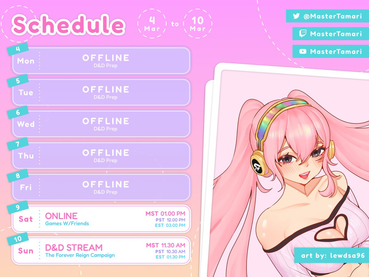 MasterTamari's tweet photo. Hi hi everyone! Here is my streaming schedule for this week 💖 Unfortunately it’s pretty empty as I gotta D&amp;D prep most of the week, but be sure to follow me on Twitch to keep up for when I go live! I hope you guys have a great week, and I’ll see you guys soon 💗 https://t.co/2M7m1Up6IQ