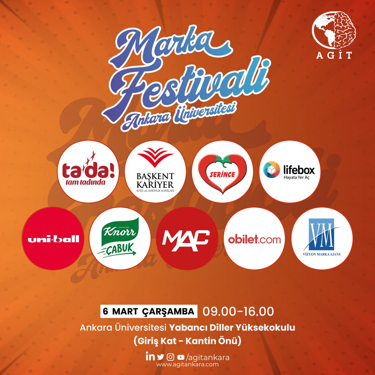 Girişimcilik ve İnovasyon Topluluğu olarak Ankara Üniversitesi Marka Festivali'ni 5. kez gerçekleştireceğimizi duyurmaktan mutluluk duyuyoruz!

Sen de Ankara Üniversitesi Marka Festivali’ne katıl, hediyelerini kap!

#ankaraüniversitesi #girişimcilik #markafestivali #yarışma