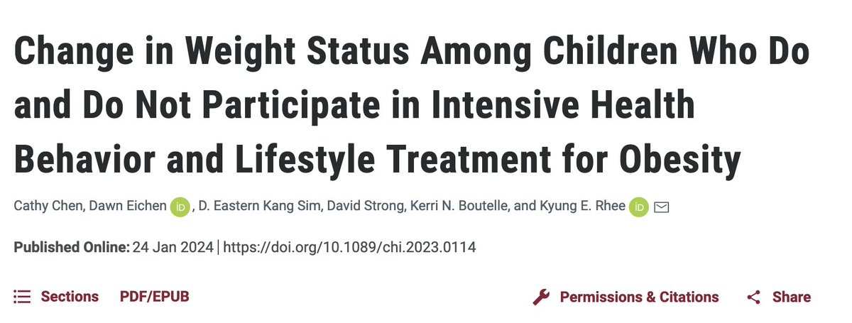 Change in Weight Status Among Children Who Do and Do Not Participate in Intensive Health Behavior and Lifestyle Treatment for Obesity, published in @ChildObesity_jn Link to pub: liebertpub.com/doi/10.1089/ch…