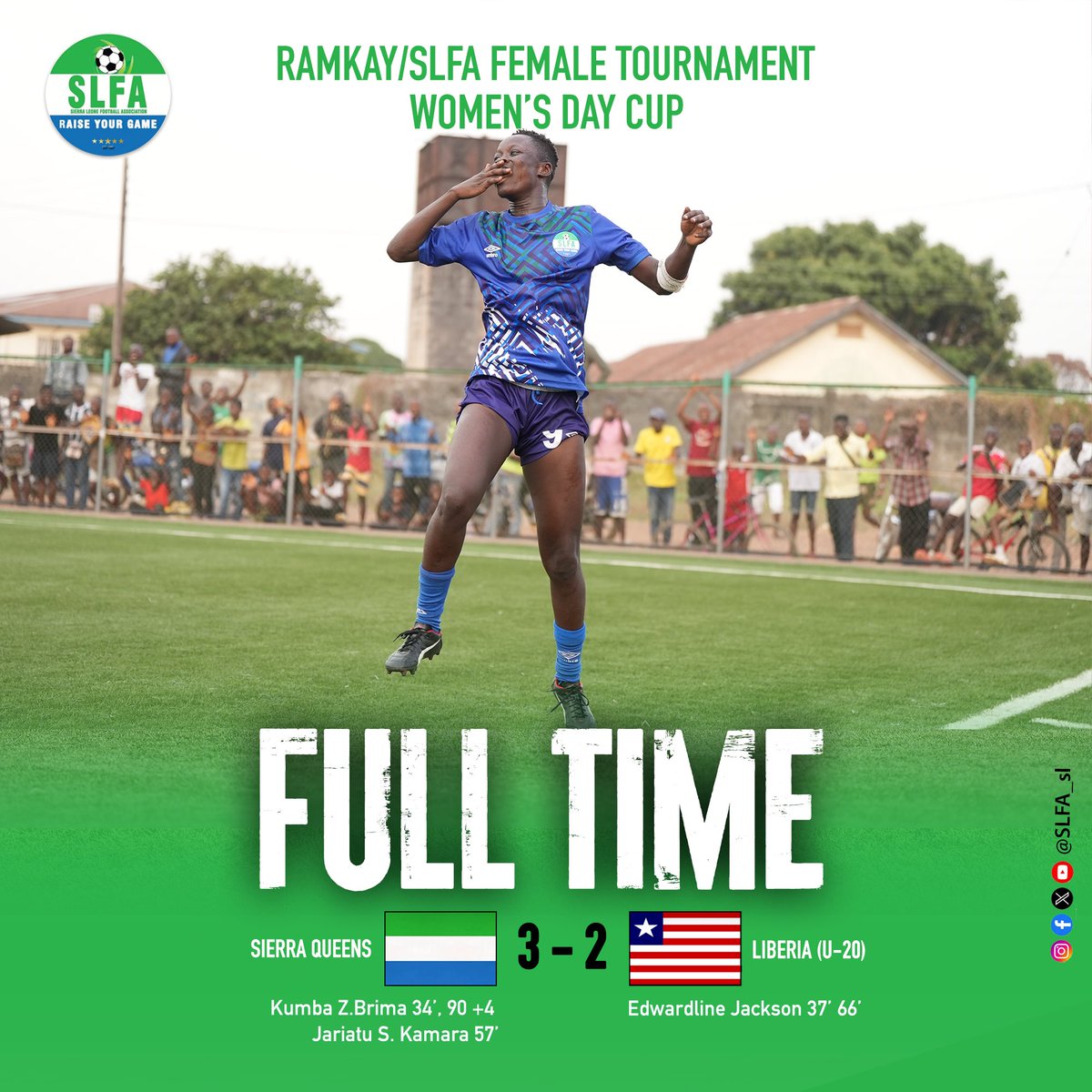 Congratulations to Sierra Queens for clinching another impressive victory against Liberia in the Women’s Day Cup in Kenema! With wins in both their first two matches, the team is showcasing incredible skill and determination. Keep shining, Queens! #SierraLeone #WomensDayCup