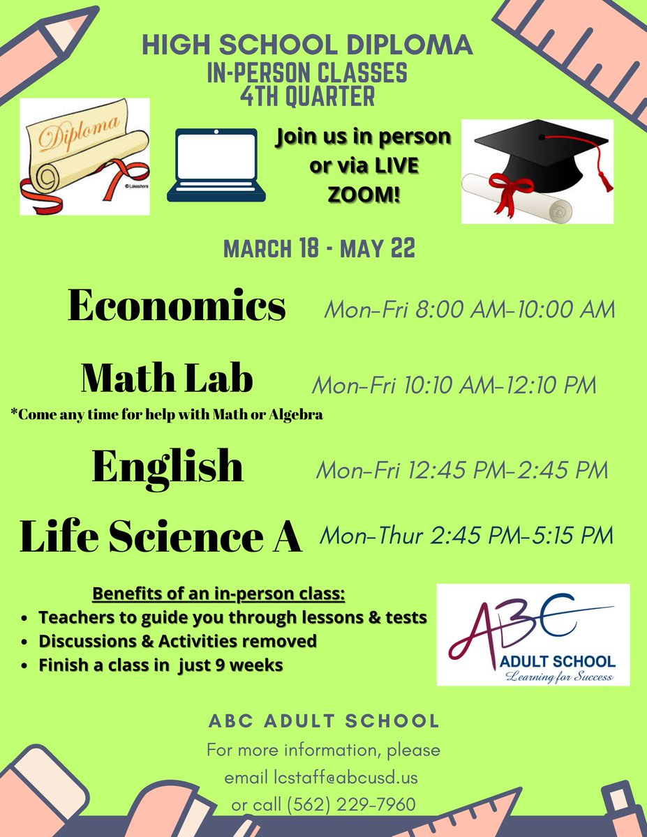 abcadultschool's tweet image. 🎓 FREE #Highschooldiploma, #GED and #HiSET classes
. In English or Spanish
. In-person or online
. Morning, afternoon &amp;amp; evening
. Learning Center Lab *including Monday nights 

Congrats to our newest graduates! 🙌 

💻 abcadultschool.edu/diploma-ged-hi…

#ABCAdultSchool
