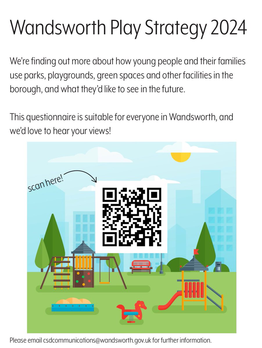 We need voices #participation. Do you have/ work with young people who use play facilities in #wandsworth. If so please encourage them to complete the questionnaire ⬇️ just scan the QR code #play #nochildleftbehind #tooting #battersea #roehampton #schools #youth #SEND