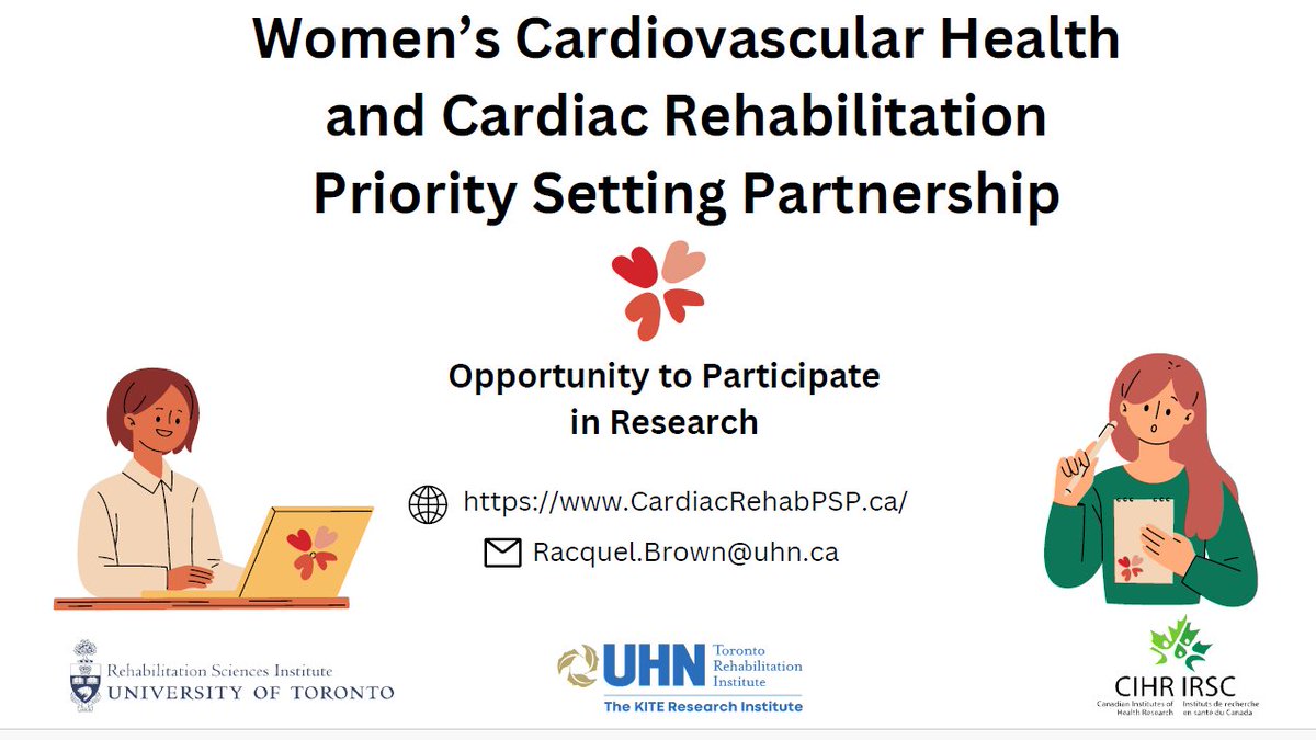 Are you interested in steering the direction of women’s cardiovascular health and cardiac rehabilitation? If so, please consider participating in this study: cardiacrehabpsp.ca Survey closes March 19. #CardiacRehabQs