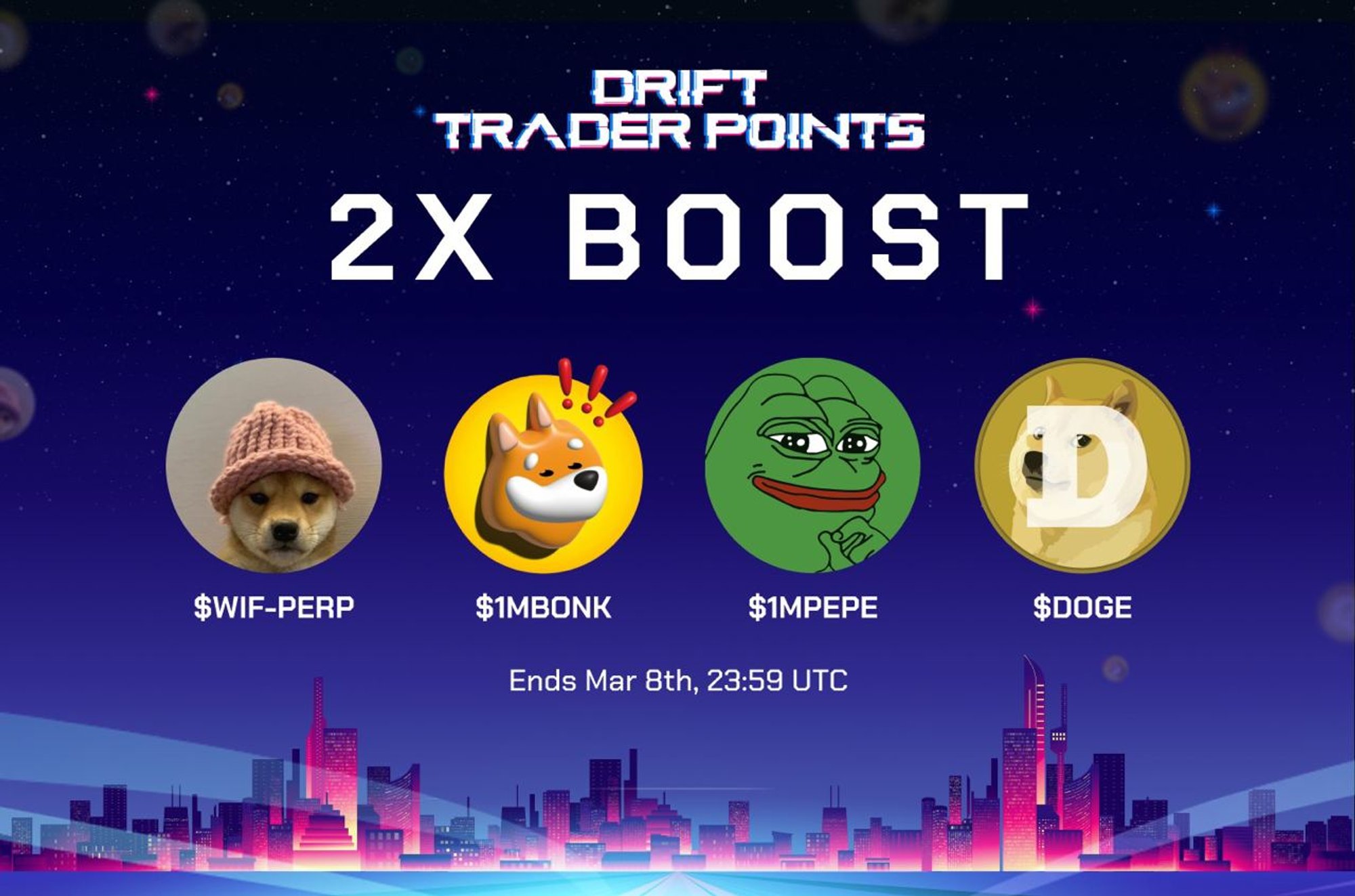 Drift Protocol on X: Surprise! 🎁 ✨ Get a 2X points boost on BONK, WIF,  PEPE and DOGE markets until Mar 8 23:59 UTC. Let the Drift meme wars begin  😈  / X