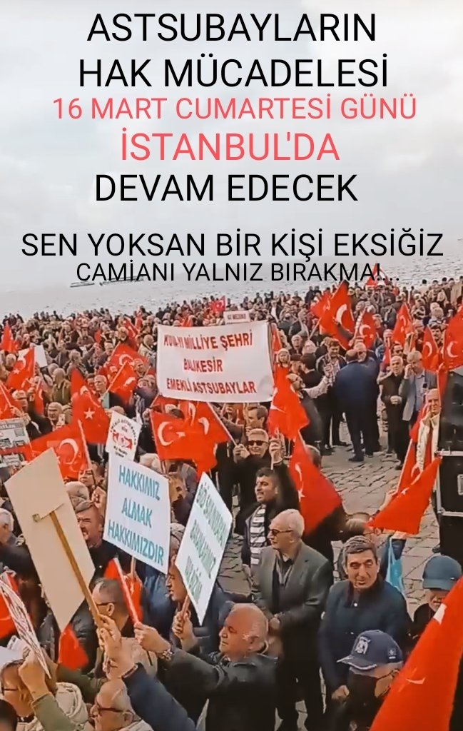 Ethem Yelken (@ethemyelken) on Twitter photo #AstsubaylarİstanbuldaBuluşuyor
BÜYÜK ASTSUBAY MİTİNGİ
ASTSUBAY VE AİLELERİ 16 MART CUMARTESİ GÜNÜ İSTANBUL'DA BULUŞUYOR..
<a href="/asbcalistayi/">Astsubaycalistayi</a>
@Astsbinisiyatif
<a href="/Yilmaz_Ozdill/">Yılmaz ÖZDİL</a>
<a href="/selcukktepeli/">Selçuk Tepeli</a>
<a href="/fatihaltayli/">Fatih Altayli 🔴🇹🇷</a>
<a href="/halktvcomtr/">Halk TV</a>
<a href="/nowhaber/">NOW HABER</a>
<a href="/tele1comtr/">Tele1 TV</a>
<a href="/ahaber/">A Haber</a>
<a href="/ShowTV/">Show TV</a>
<a href="/KanalD/">Kanal D</a>
<a href="/HaberturkTV/">Habertürk TV</a>
<a href="/cnnturk/">CNN TÜRK</a> #AstsubaylarİstanbuldaBuluşuyor
BÜYÜK ASTSUBAY MİTİNGİ
ASTSUBAY VE AİLELERİ 16 MART CUMARTESİ GÜNÜ İSTANBUL'DA BULUŞUYOR..
<a href="/asbcalistayi/">Astsubaycalistayi</a>
@Astsbinisiyatif
<a href="/Yilmaz_Ozdill/">Yılmaz ÖZDİL</a>
<a href="/selcukktepeli/">Selçuk Tepeli</a>
<a href="/fatihaltayli/">Fatih Altayli 🔴🇹🇷</a>
<a href="/halktvcomtr/">Halk TV</a>
<a href="/nowhaber/">NOW HABER</a>
<a href="/tele1comtr/">Tele1 TV</a>
<a href="/ahaber/">A Haber</a>
<a href="/ShowTV/">Show TV</a>
<a href="/KanalD/">Kanal D</a>
<a href="/HaberturkTV/">Habertürk TV</a>
<a href="/cnnturk/">CNN TÜRK</a>
