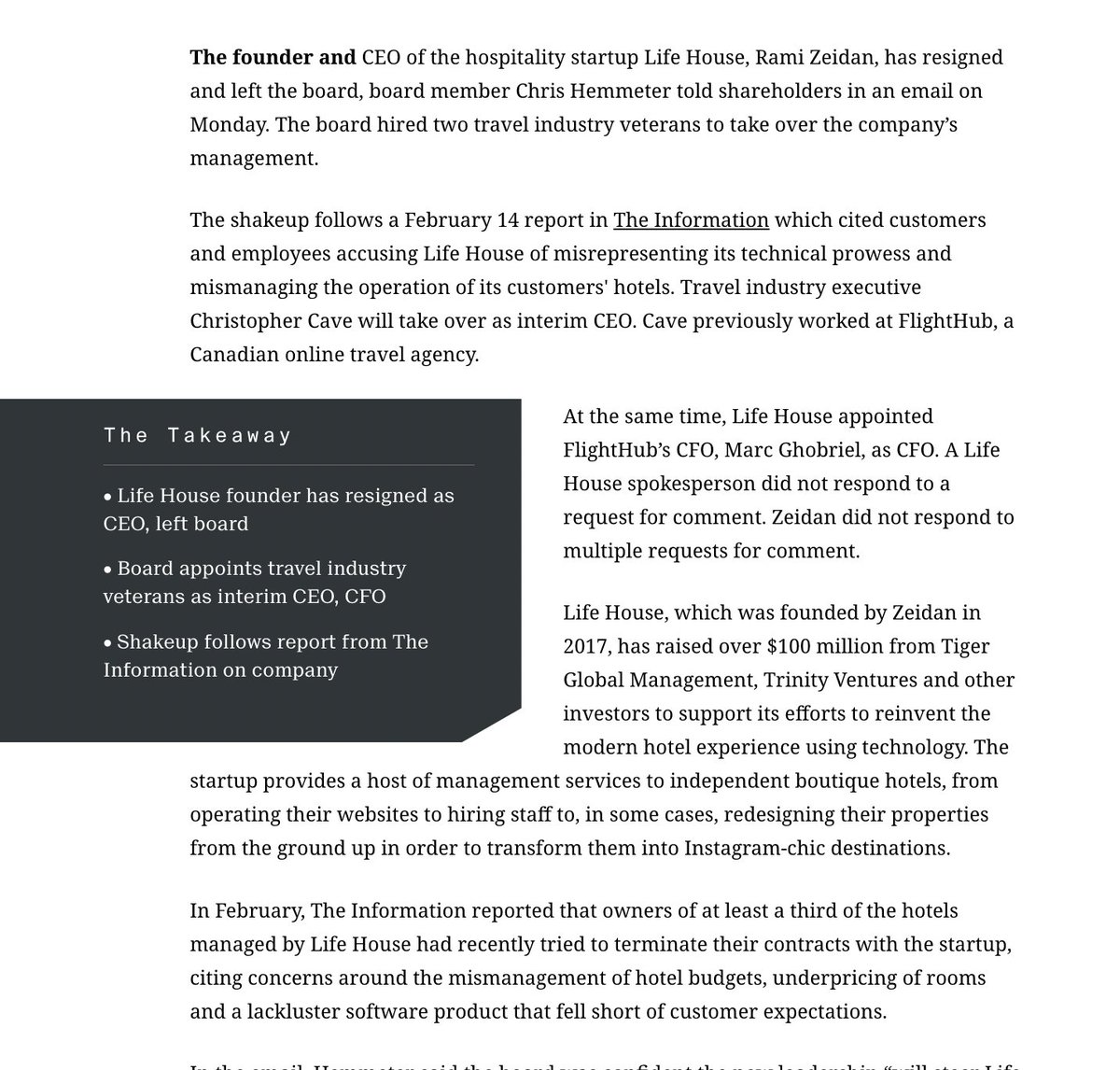 two weeks ago, i published an investigation into allegations of mismanagement and misrepresentation at Life House, a hospitality startup that raised $100M+ in venture capital to reinvent the hotel industry today, the CEO resigned