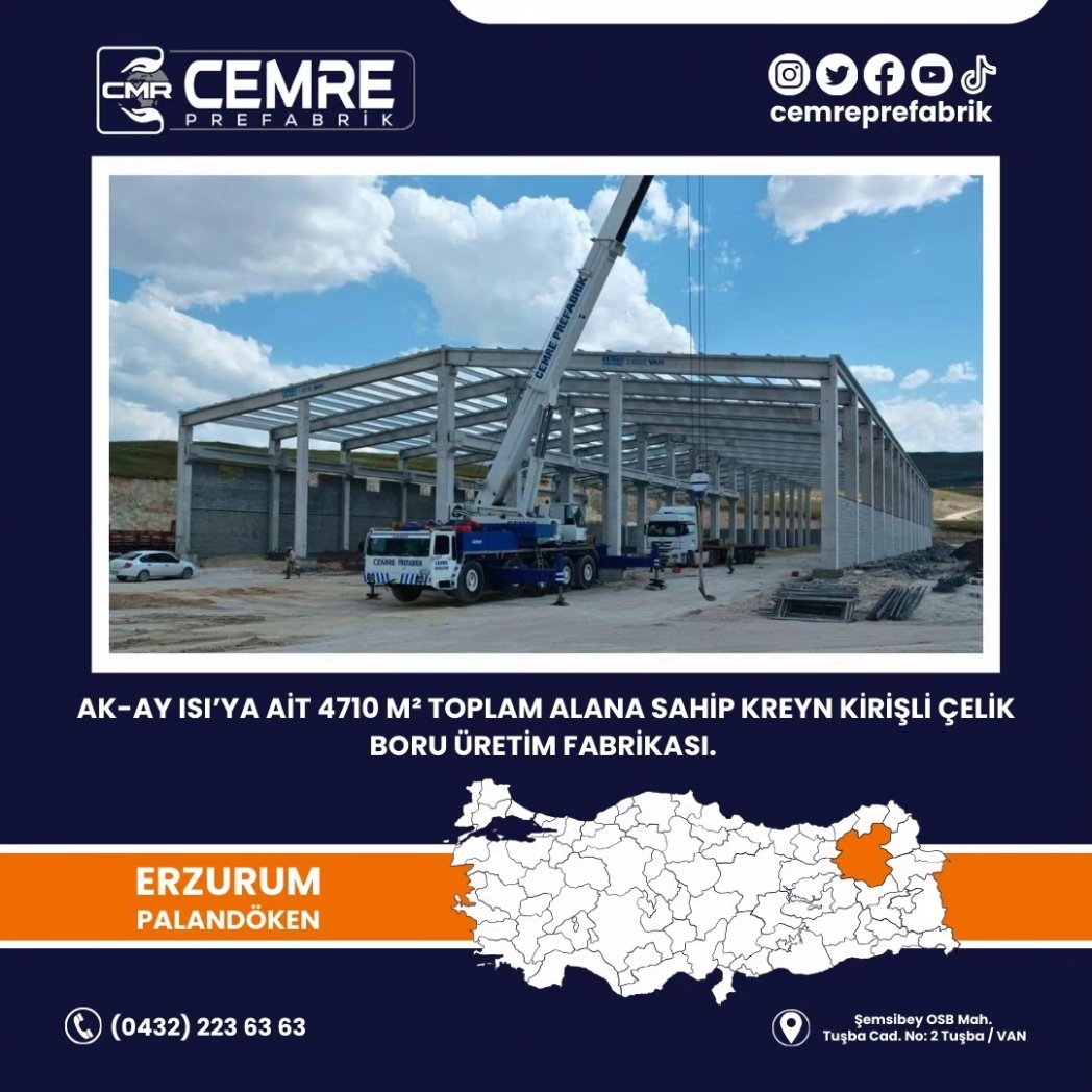 CemrePrefabrik's tweet photo. AK-AY ISI’ya ait 4710 m² toplam alana sahip kreyn kirişli çelik boru üretim fabrikası.

#erzurum #palandöken #prefabrik #prefabrikyapi #inşaat #cemreprefabrik https://t.co/NqCpatPRYS