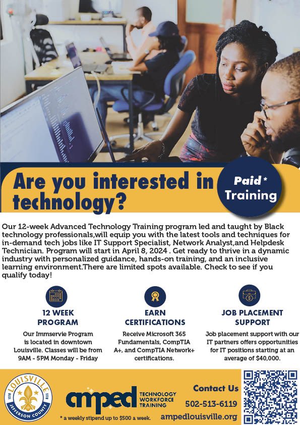 We are so excited to announce our 12 weeks of immersive, paid training Advanced Technology Training Program. 🚀💻 🌟 Spots are limited, so don't miss out! See if you qualify today: ampedlouisville.org/technology-wor…