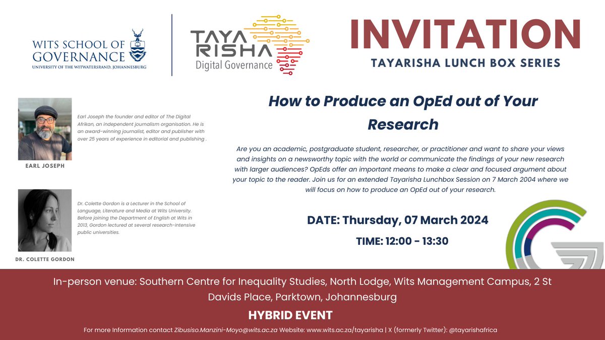 Join the Tayarisha Research Group for the 2024 Series of Lunch Box Sessions.
In the March installment, we look at "How to produce an OpEd out of your Research". 

Contact Zibusiso.Manzini-Moyo@wits.ac.za to book your seat or request access to the session.