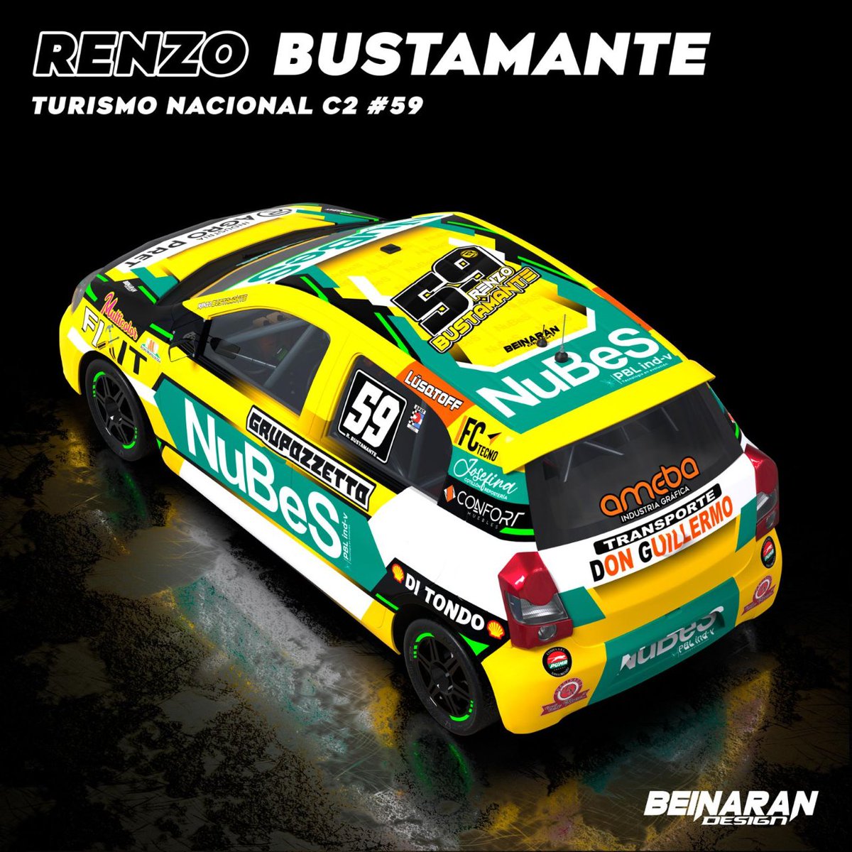 Con este diseño retorna a la especialidad Renzo Bustamente llevando el #59 en los laterales de #ToyotaEtios de C2