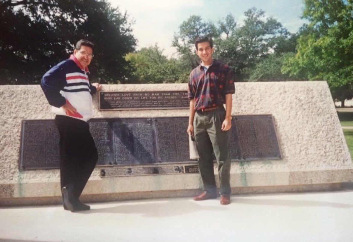 Beto4TX's tweet photo. @fritostweets Thank you again for your comments.  Here’s a photo of my Dad and me at our Alma mater, Texas A&amp;M.  We honor those that gave their lives, including my great cousin, Capt. Heriberto A Garcia, who died fighting communism so you and I could have freedom.  I stand with him. #txlege https://t.co/Q2XOQTZJ3B