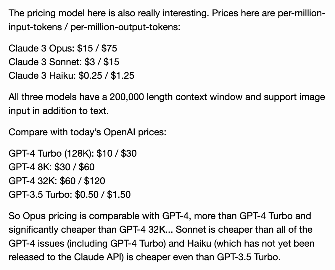 I'm finding the Claude 3 pricing to be particularly interesting today - they're effectively undercutting OpenAI with both their GPT-4 and their GPT-3.5 competitors