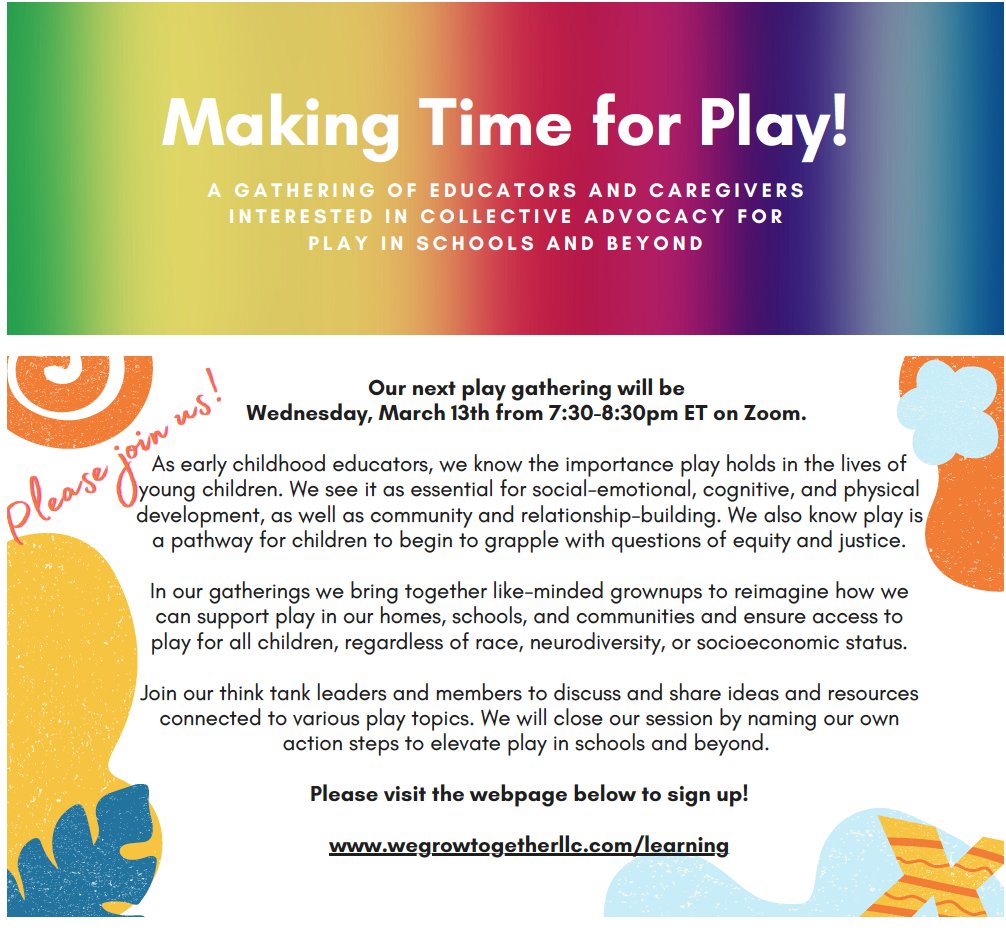 If you have an interest in sharing ideas about playful learning and advocating for play in schools and beyond, please join us for our March 13th Play Gathering!! 🌟wegrowtogetherllc.com/learning