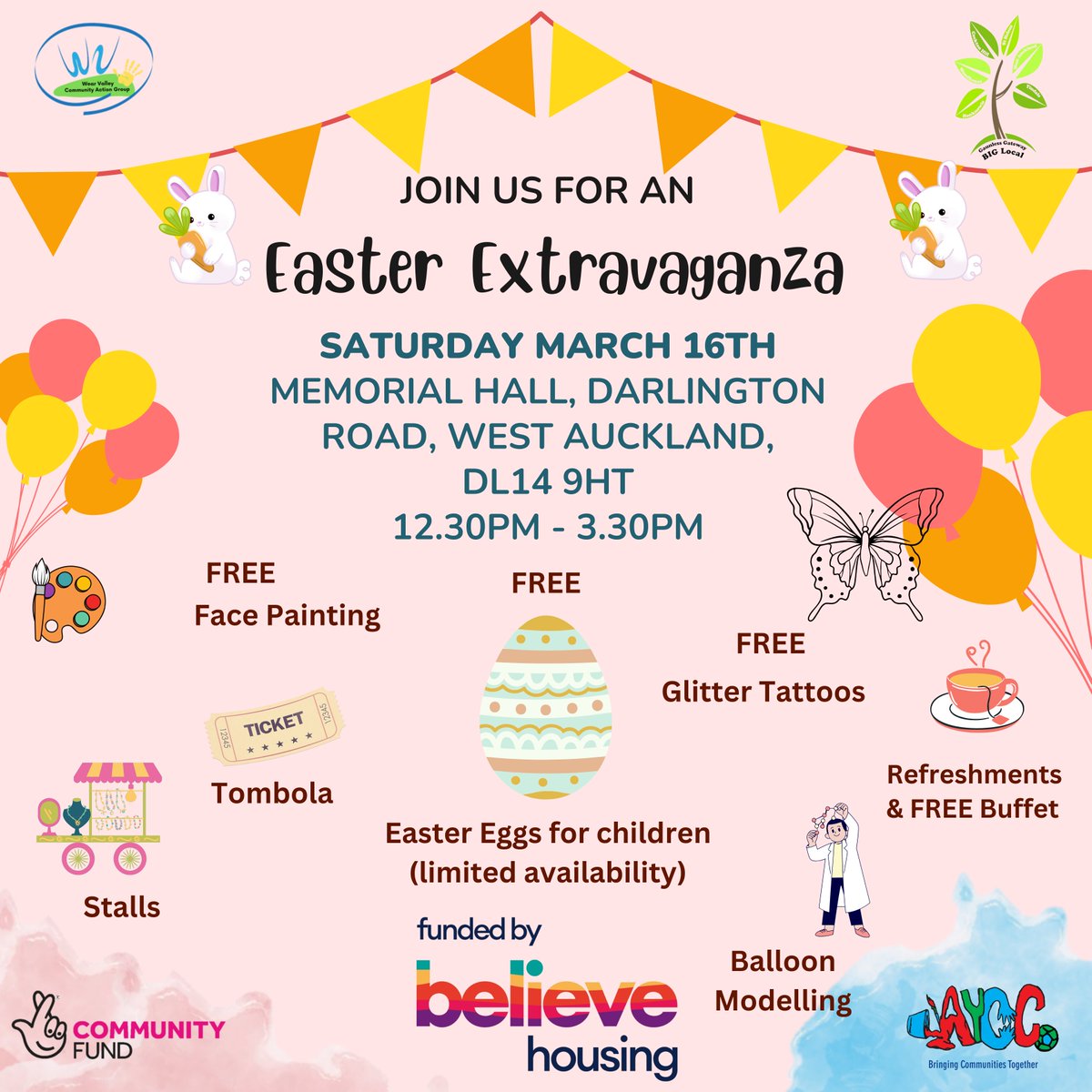 Join us for our Easter Extravaganza! happening on SATURDAY MARCH 16TH MEMORIAL HALL 12.30PM - 3.30PM !🐰🐰Kindly funded by @believehousing
