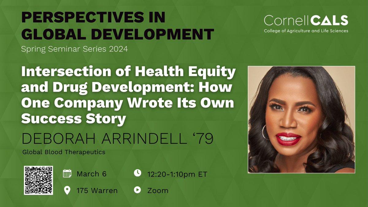 🔔Don't miss this week's Perspectives in Global Development seminar! 

📅Wed. 3/6, 12:20pm ET
🗣️Deborah Arrindell ‘79, VP Pharmacovigilance &amp; Risk Management, Global Blood Therapeutics
📍Warren 175 + 💻
Open to the public: cornell.zoom.us/webinar/regist…