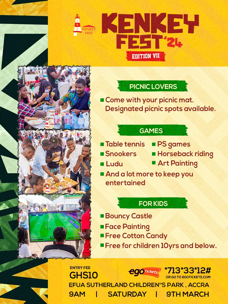 Get ready for a day of  fun, games, and delicious Kenkey at Kenkey Fest '24!🎉 

Entry is just GHS10! for single admissions and GHS 45 for groups of 5. 

Get your tickets via: egtks.com/e/43114
Or dial *713*33*12# 

 #KenkeyFest24 #FamilyFunDay 🍽️🎊🌞