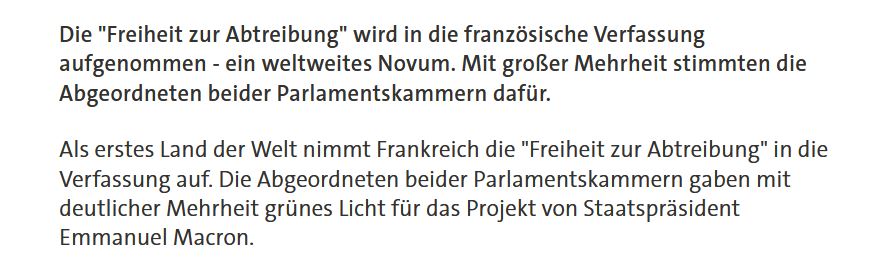 Das Recht auf Schwangerschaftsabbruch wurde in Jugoslawien bereits 1974 in die Verfassung aufgenommen. 

Aber gut, dass man 50 Jahre später im ersten westeuropäischen Staat auch mal so weit ist.