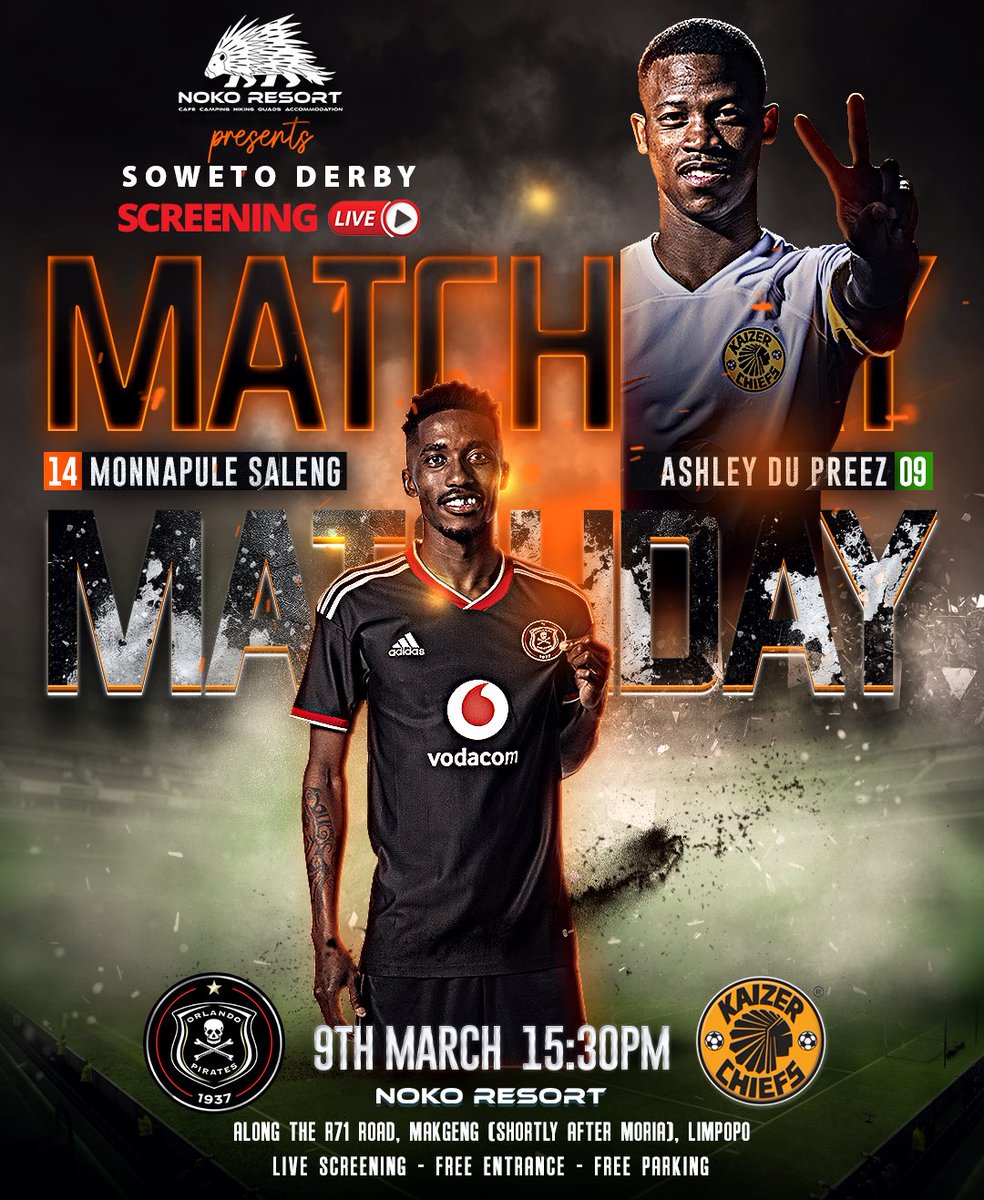 Derby Day by the Bush

09 March •• Wear your Team Jersey •• Come enjoy the Soweto Derby <a href="/nokoresort/">nokoresort</a> and watch the game Live on a Big Screen 

Entrance: FREE 

#BestBushHangout 
#DayTimeVibes ☀️ 
#FetaKamoNoko 
#BushExperience  
#ThatNokoFeeling 

▪️Music▪️Views▪️Food▪️Drinks