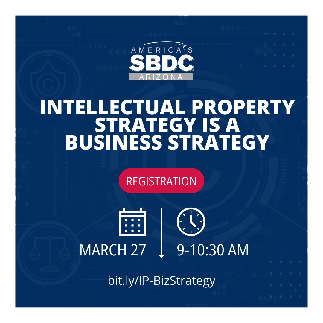 SBDCSV's tweet image. 🚀 Maximize Your Business with Intellectual Property! 💡

Join our webinar with USPTO and Arizona Library experts. Discover how protecting IP drives growth, attracts investors, and sets you apart. Don't miss insights!
Register 👉 bit.ly/IP-BizStrategy
#IP #SmallBusiness #USPTO