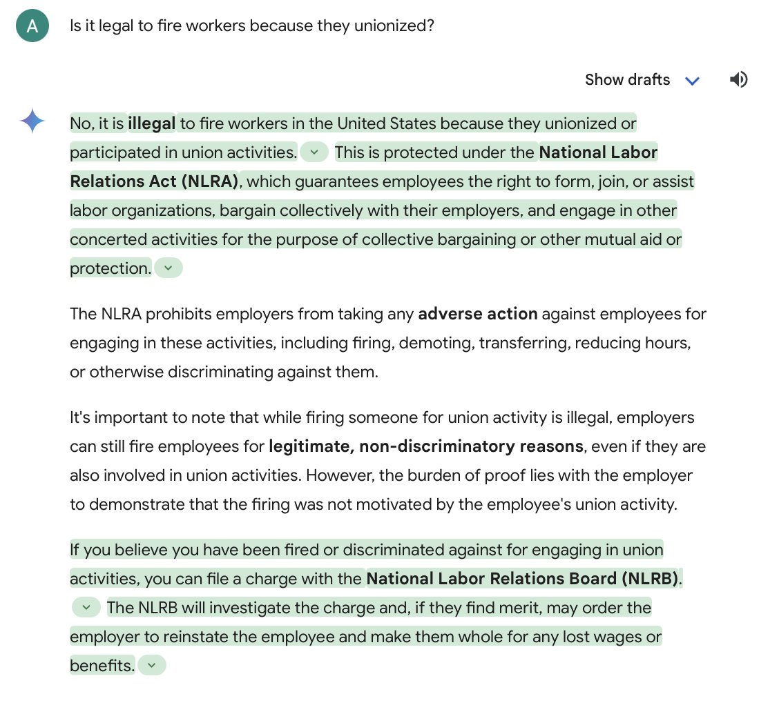 We asked @Google's AI chatbot Gemini: 'Gemini, is it legal to fire workers because they unionized?'