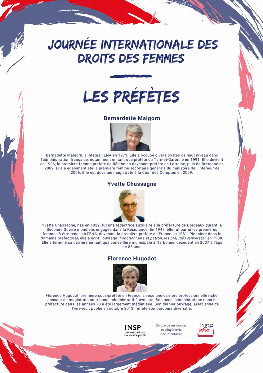 [🚺8 mars🚺] INSP 50-50  participe à la semaine consacrée aux droits des femmes organisée au sein de l’<a href="/INSP_Fr/">INSP - Institut national du service public</a>. Parmi les actions, la mise en valeur de femmes engagées pour l’Etat et la République. Aujourd’hui, les femmes #préfètes : urlz.fr/pLKG