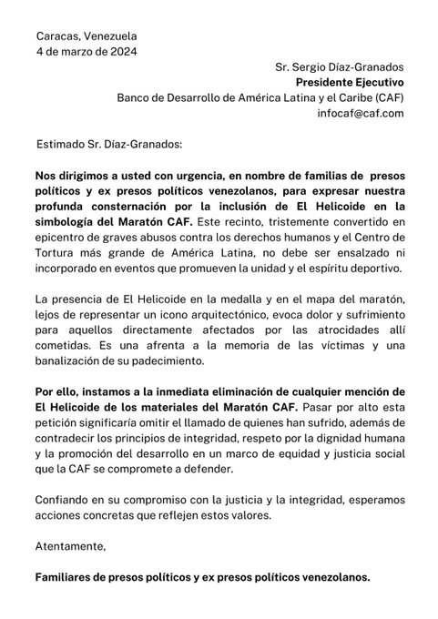 Es una indolencia y una inconciencia poner al Helicoide, un centro de reclusión donde ocurren torturas, en la medalla y en los materiales publicitarios del #MaratónCAF. @AgendaCAF por respeto a las víctimas, sus familiares y a la sociedad venezolana, pedimos #CAFsinHelicoide