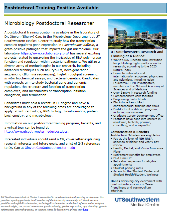 We are hiring postdoc researchers for my lab at UT Southwestern Medical Center @UTSW. Join us to study transcription and regulation in pathogenic bacteria using multidisciplinary approaches. Please RT. Thank you! #newPI