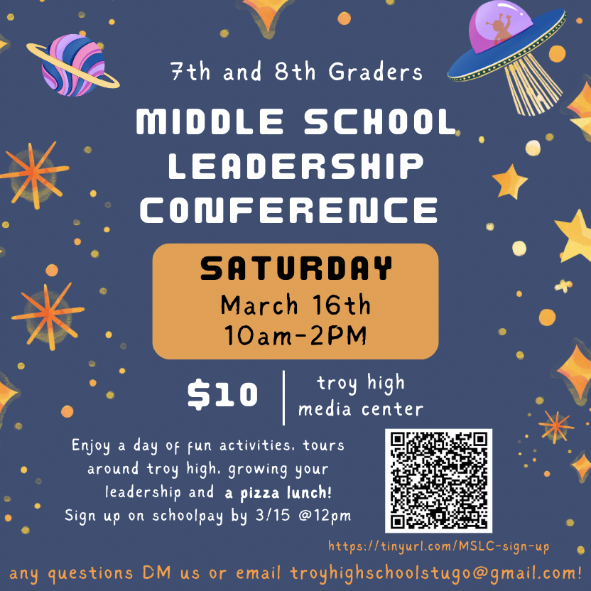 Remember to sign up your 7th and 8th grade students in the Troy District for the Middle School Leadership conference!! We have fixed the issues with the sign up, so make sure to sign up your students and all their friends!! docs.google.com/forms/d/e/1FAI…