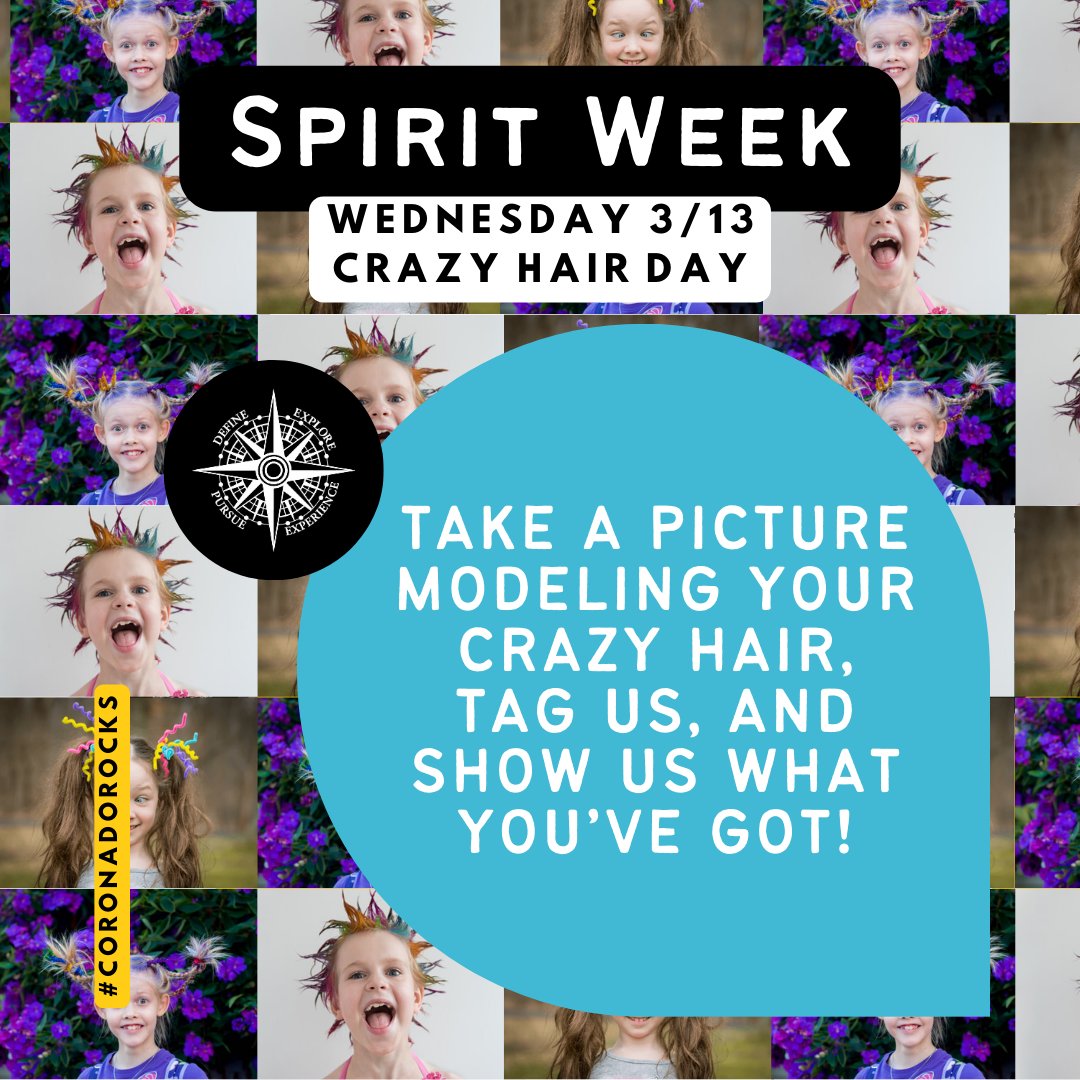 SPIRIT WEEK IS HERE!

👱‍♂️👧🏻🤪 3/13 – Crazy Hair Day
📣💙🖤🤍 3/14 – Coronado Spirit Day
🌸🌻🌹 3/15 – Floral Friday