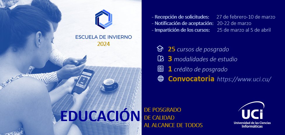 La <a href="/universidad_uci/">Universidad de las Ciencias Informáticas</a> ha lanzado la convocatoria para una nueva edición de su Escuela de Invierno, que en esta ocasión impartirá cursos sobre una amplia y novedosa gama de temas. Vea los detalles en: uci.cu/investigacion-…