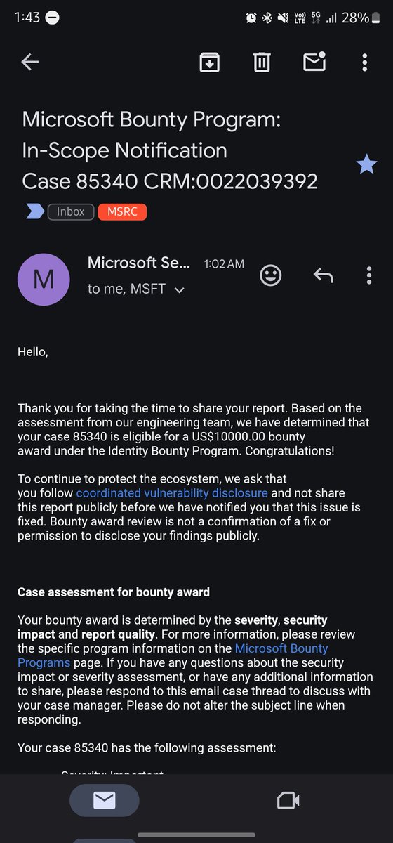 Just received another bounty for a vulnerability report submission to Microsoft! 🎉 

Thanks, @msftsecresponse, for recognizing and valuing security research. #CyberSecurity #BugBounty #MicrosoftSecurity