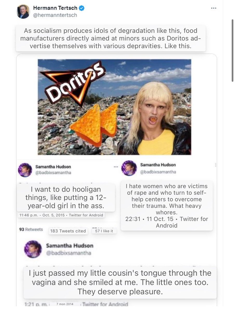 @EndWokeness Doritos is doubling down on wokeness by hiring Samantha Hudson, a transgender “woman” and self-admitted p*do as its brand ambassador in Spain, resulting in calls for the boycott of the company's products. He has expressed a desire to be with 12 year old girls. In addition to…
