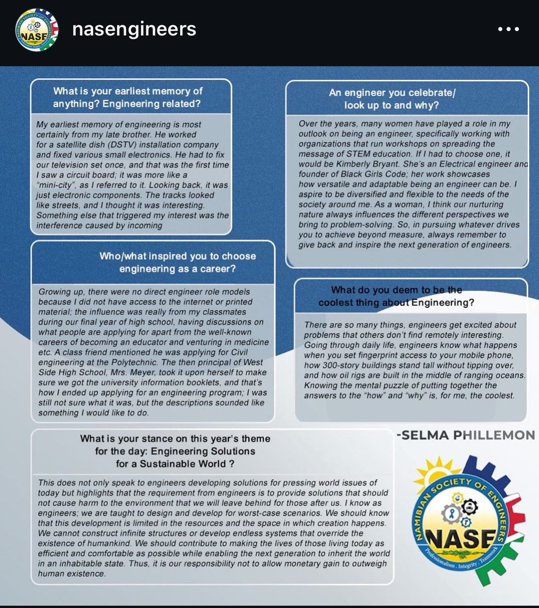 thee_serim's tweet photo. My feature for World Engineering Day. @NASEngineers 
#EngineeringSolutionsForaSustainableWorld 
#2024 https://t.co/OOhxaUHBPX