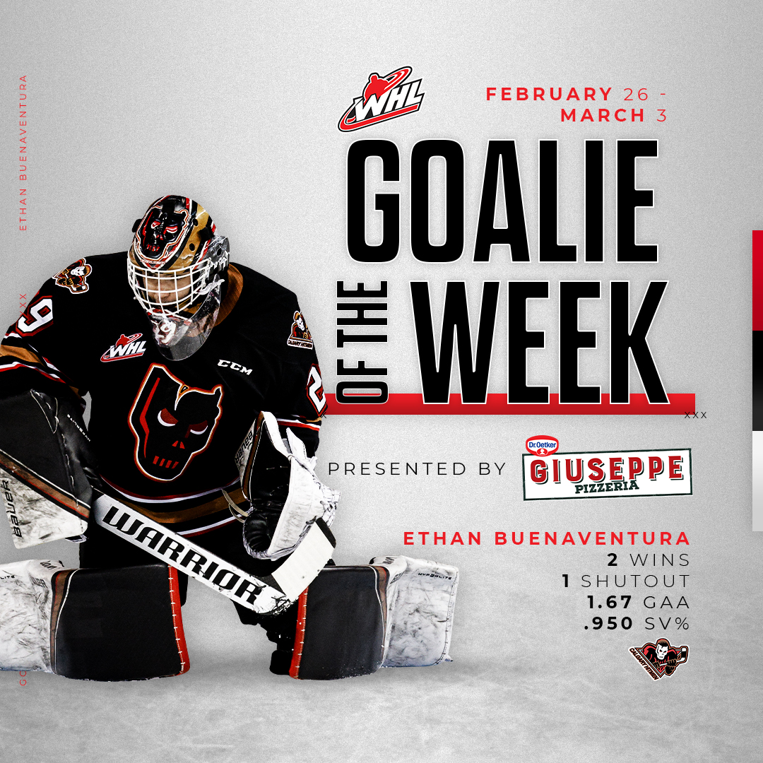 TheWHL's tweet photo. Recording his first career shutout against the division’s top team earns @WHLHitmen netminder Ethan Buenaventura the @DrOetkerCAN Giuseppe #WHL Goaltender of the Week. 

Click to read ⬇️