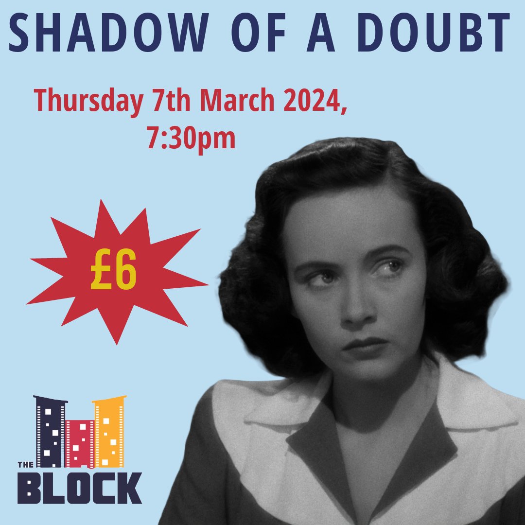Join us on Thursday for Shadow of a Doubt. A teenage girl, overjoyed when her favourite uncle comes to visit the family, begins to suspect that he is in fact the 'Merry Widow' killer sought by the authorities 🎬 Purchase tickets online or on the door 🎟️ Refreshments included🍿