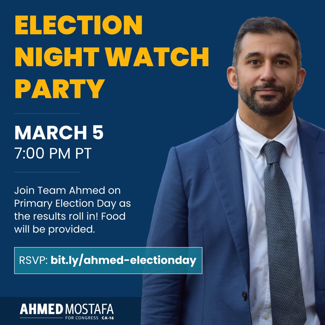 📢 Calling all supporters! Join Team Ahmed TOMORROW on Election Night to watch the primary results roll in! We can’t wait to see you and celebrate all that we’ve accomplished together! 📲 RSVP: bit.ly/ahmed-election…