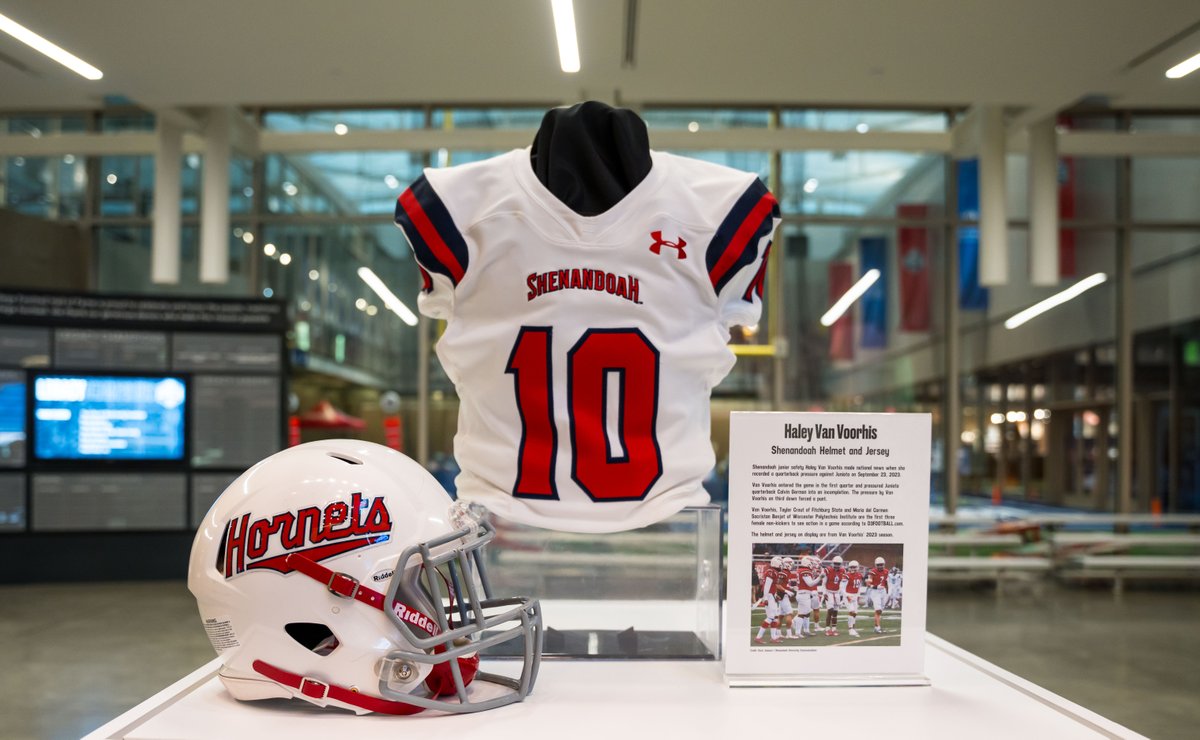 cfbhall's tweet photo. Haley Van Voorhis' @SUhornetsFB Helmet &amp; Jersey are now on display @cfbhall! 🏈

Haley made national news when she recorded a QB pressure against Juniata on 9/23/23. Becoming one of three female non-kickers to see action in a game for the first time. 👏 #WomensHistory #CFBHALL https://t.co/i5eze14uxl