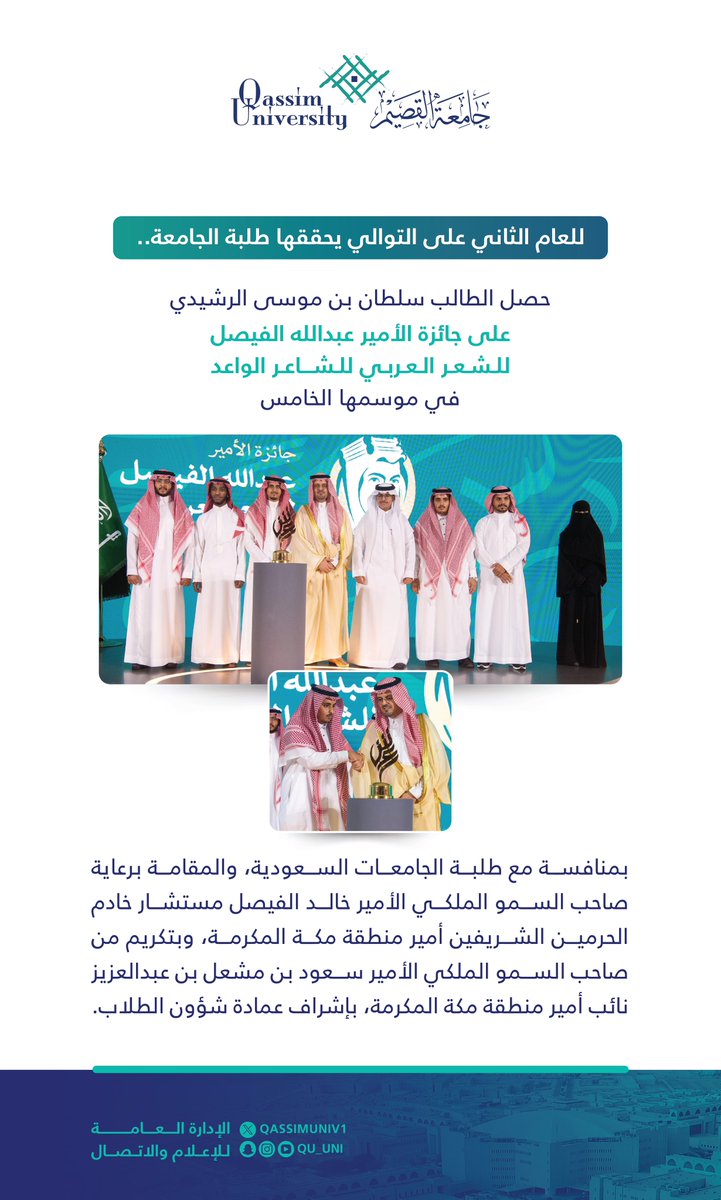 للعام الثاني على التوالي يحققها طلبة الجامعة.. وبرعاية سمو أمير منطقة مكة المكرمة..

حصل الطالب سلطان بن موسى الرشيدي من #جامعة_القصيم على #جائزة_الأمير_عبدالله_الفيصل للشعر العربي للشاعر الواعد، في موسمها الخامس، بمنافسة مع طلبة الجامعات السعودية، بإشراف عمادة شؤون الطلاب.