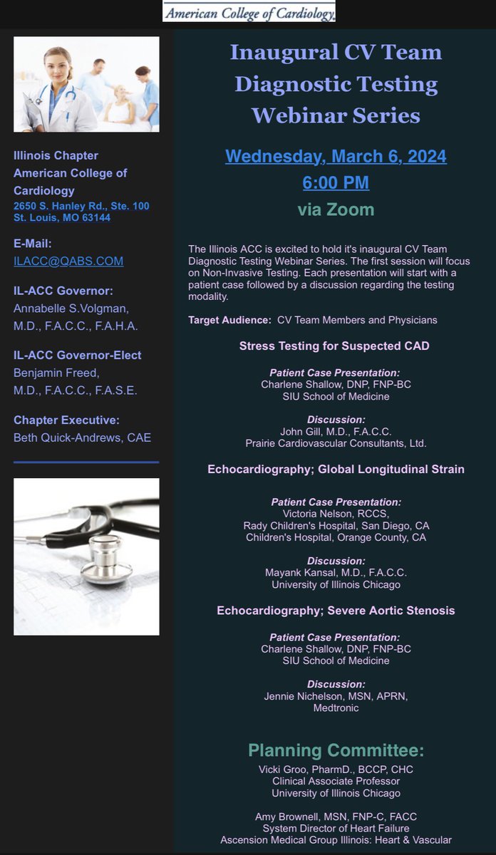 Hey #ACCCVT members! It’s time to refresh those diagnostic skills! Join @IllinoisACC this Wednesday 3/6 at 6 PM CST for their diagnostic webinar series. They’re covering stress tests, GLS, and echocardiography in AS! Register here 👇🏼 events.r20.constantcontact.com/register/event…