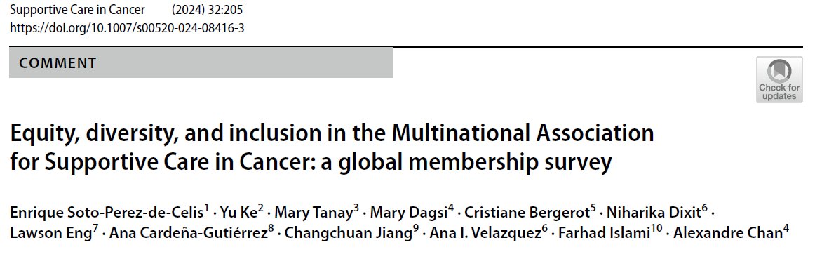 The first publication from the @CancerCareMASCC Health Disparities Committee is out in @MASCC_JSCC!!! In this paper, we report on the results of our global survey on the Equity Diversity and Inclusion climate within MASCC. @alexchan928 link.springer.com/article/10.100…