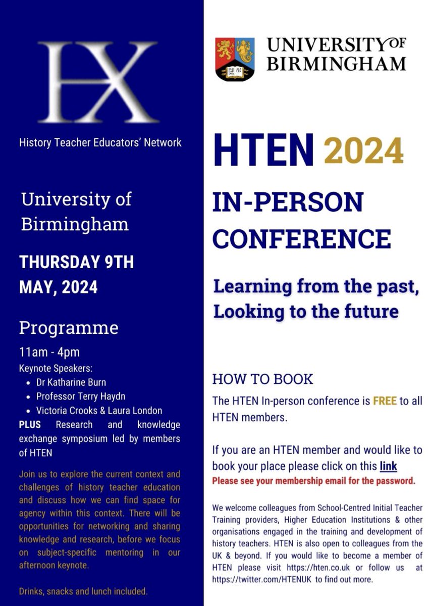 🚨Over HALF the tickets for @HTENUK in-person conference have now sold, so if you've not yet booked & want to join us, get clicking! 🚨 eventbrite.co.uk/e/history-teac… Opportunities for members to speak on RKE in progress - MSForm app link in members email. DM if you can't find it!