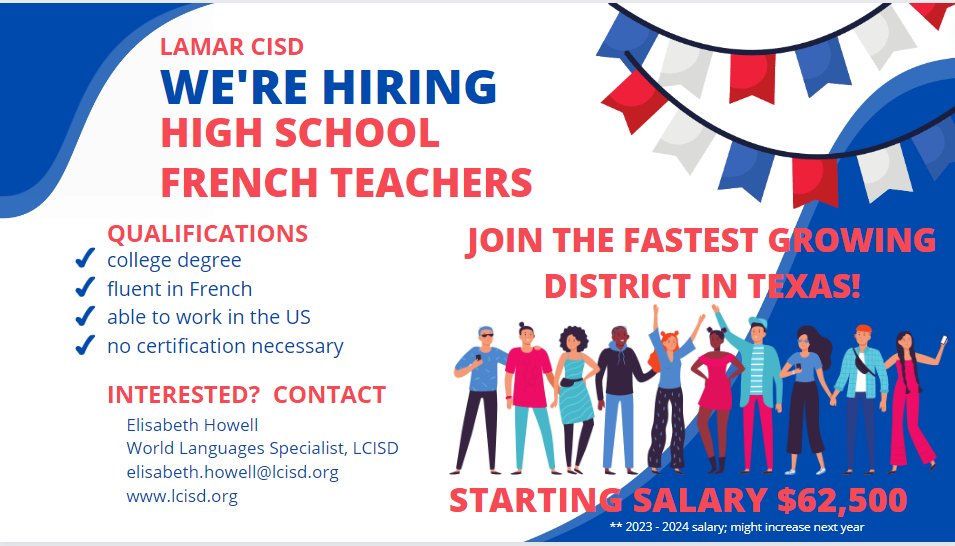 I need a French teacher!  Move to Houston and work with the BEST district!  #langchat <a href="/LamarCISD/">Lamar CISD</a>
