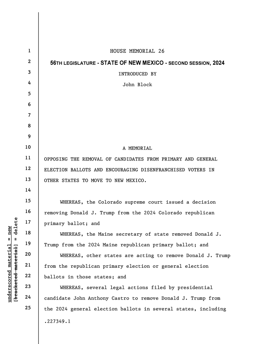 RepBlock's tweet photo. I sponsored H.M. 26 this legislative session to decry the unconstitutional attack by leftists to try and boot President Trump from the ballot. It never got a hearing in the Democrat-dominated Legislature. 

But today, even the Democrat-appointed U.S. Supreme Court justices agreed in a unanimous decision that the attempts to boot the 45th President from the ballot were illegal, unconstitutional actions. This attempt at election interference didn't work. But we must continue the fight against the other ways the desperate leftists are attacking our constitutional republic. https://t.co/We0SxgTQhg