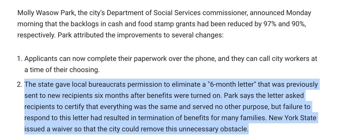 WHOA! NYC reports it has almost completely eliminated its (VERY LARGE) backlog for SNAP (food stamps) and cash aid! And they did it by... reducing administrative burden! Namely, they are waiving the 6-month report!!